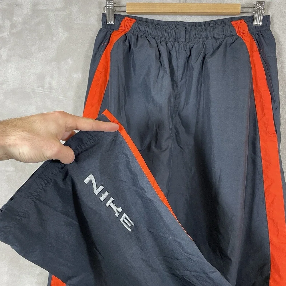 Vtg Y2K Nike Track Pants Mens Medium Black Orange Lined Logo Techno 2000s Nylon